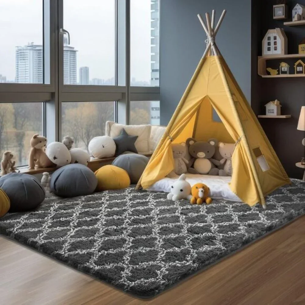 New 5x7 Shag Area Rug, Extra Soft High Pile Geometric Carpet in Dark Grey/White